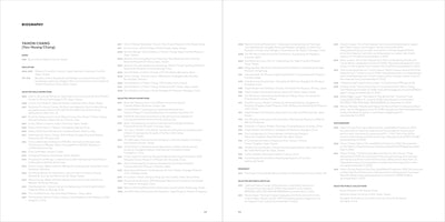 A two-page spread from a book, showing the biography of artist Yahon Chang. The text is organized in columns under headings like Education, Selected Solo Exhibitions, Selected Group Exhibitions, Reviews & Articles, and Public Collections. Page numbers 312 and 313 are at the bottom.