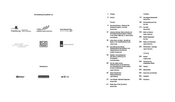 A page from a German exhibition catalog, split into two columns. The left column displays the logos of sponsors and media partners, such as the Hubertus Wald Stiftung and NDR Kultur. The right column presents the table of contents, organized into sections like Essays, Katalog, and Anhang, with page numbers, titles, and authors.