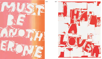 A side-by-side comparison of two pop art style paintings. The artwork on the left, labeled Kat. 70, features the phrase MUST BE ANOTHER ONE in white bubble letters over a pink and orange gradient. The artwork on the right, labeled Kat. 71, displays the fragmented phrase J HA A LOVER in a high-contrast, red and white, stencil-like composition.