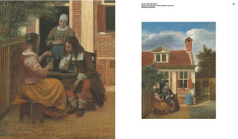 A page from an art book featuring the 17th-century Dutch painting, A Woman and a Man in a Courtyard by Pieter de Hooch. The image displays a large close-up on the left of a man and a woman drinking at a table, and the complete painting on the right, which shows the full courtyard scene with a brick house and other figures in the background.