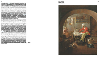 A page from a book, featuring German text on the left and a painting by Jacob Duck on the right. The painting is a Dutch Golden Age interior scene showing a woman in a red top and white cap preparing food at a table in a rustic kitchen. In the background, another woman sits with a child, and in the foreground, a dog and cat rest on the tiled floor. The scene is framed by a dark stone archway.