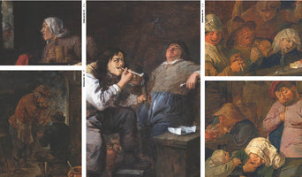 A collage of five detailed oil paintings in the 17th-century Flemish or Dutch style, depicting various scenes of peasant life in dimly lit taverns. The images show people drinking, smoking long clay pipes, singing boisterously, and sleeping or feeling unwell from overindulgence, capturing moments of both revelry and its consequences.