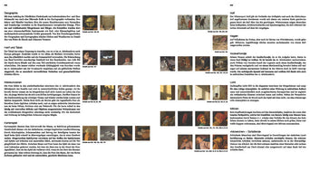 A two-page spread from an art history book written in German. The pages feature columns of black text discussing various themes, illustrated with small, inset color images of classical European paintings. The text is divided into sections with bold headings like Geographie, Hanf und Tabak, Interieurszenen, and Kartenspiel.