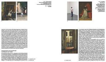 A two-page spread from an art publication in German, featuring two columns of text and five images. The images are a mix of classical paintings showing interior and religious scenes, and contemporary photographs, one of a man in a white gallery and another of a woman walking outdoors near a statue.