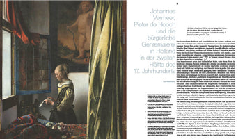 A two-page spread from an art history book. On the left is the full painting Girl Reading a Letter at an Open Window by Johannes Vermeer, showing a woman in profile reading by a window. The right page has the title and text of an article in German about 17th-century Dutch genre painting.