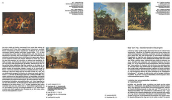 An academic page in German about 17th-century art, formatted in two columns. The text is interspersed with five reproductions of paintings depicting peasant life. The scenes include men drinking and smoking in a tavern and larger groups gathered outdoors near rustic buildings and in rural landscapes.