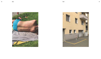 A diptych on a white page. The left image shows a person in blue swim trunks lying face down on a towel on green grass, with red marks imprinted on their back. The right image shows the exterior of a pale yellow building with a single, empty parking space outlined in yellow on the asphalt.