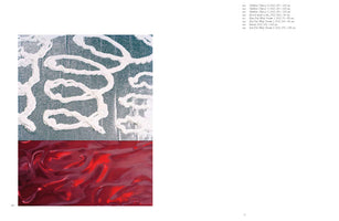 A page from an art catalog displays a composite image on the left and a list of artwork details on the right. The image is split horizontally. The top section shows thick, white, puffy swirls on a grainy, dark background. The bottom section features a glossy, fluid abstract piece in shades of deep red.