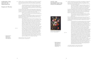 A two-page spread from a book with text in English and German. The English title is Nowness, the Extent of Imagination. Between the columns of text is a classic still life painting of a colorful bouquet of flowers in a vase against a dark background.