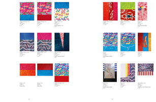 A two-page spread from an art catalog displaying a grid of colorful, abstract photographic artworks. The pieces feature a mix of vibrant patterns, including cloud-like motifs, wavy lines, and still lifes with objects like a lobster and a fork. Each artwork is accompanied by a caption with its title and details.