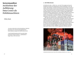 A two-page spread from a German publication. The left page is a title page for a section called Servermanifest Architektur der Aufklärung: Data Center als Politikmaschinen. The right page, titled I. Die Wolke brennt, features a large color photograph showing the OVH data center in Strasbourg engulfed in flames at night, with thick smoke billowing into the sky. German text from the article is above the photo.