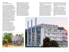 A two-page magazine spread in German about micro server farms, featuring two images of conceptual architecture. The larger image shows a multi-story building with its facade covered in a dense collage of electronic waste and circuit boards. The smaller image shows a cube-shaped building with an e-waste base and a purple greenhouse top, set in a rural landscape with a person walking by.