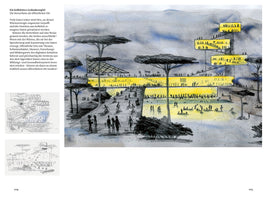 An architectural illustration on a book page showing a conceptual public space. The main, colorful sketch depicts a multi-level structure integrated into a hilly landscape with stylized trees. The building's sections are illuminated in bright yellow and are filled with silhouettes of people who are also seen on ramps, terraces, and relaxing by a body of water at the base. To the left is a column of German text and two smaller black-and-white concept sketches.