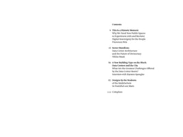 A table of contents page from a book. The sections listed are: 6 This Is a Historic Moment by Francesca Bria; 16 Server Manifesto by Niklas Maak; 80 A New Building Type on the Block: Data Centers and the City, an interview with Karsten Spengler; 87 Designs by the Students of the Städelschule in Frankfurt am Main; and 112 Colophon.