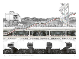 An architectural cross-section drawing of a multi-level building. The top section shows an exposed steel-and-glass structure with escalators and stairs against a background of sand dunes with people. The middle section features a glass-fronted building with a restaurant inside. The bottom section reveals the building's heavy concrete foundations set into dark earth.