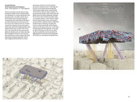 An architectural concept page for Ville Digitale, featuring two renderings of a large, rectangular building with a vibrant, multicolored facade hovering over a monochrome cityscape. The structure is supported by a mix of thin yellow columns and angled, patterned purple legs. Accompanying text explains the project's goal of making digital infrastructure a visible and prominent part of the urban landscape.