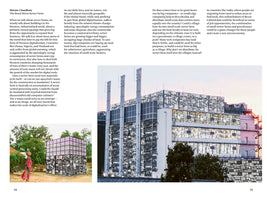 A two-page magazine spread titled The Rural Micro-Server Farm by Shivam Chaudhary. The article features two images of buildings with facades made from a dense collage of recycled computer parts and e-waste. The main image is a large, multi-story building, while a smaller inset shows a similar structure with a greenhouse on top in a rural village.