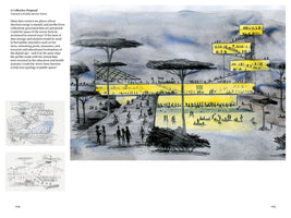 A conceptual drawing of a public server farm as a new type of public space. The main illustration shows a multi-tiered building with glowing yellow interiors set into a hilly landscape. Silhouettes of people populate the structure and swim in a pool below, warmed by the server's heat. The page also includes text explaining the proposal and two architectural line drawings.