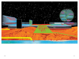 A surreal, graphic illustration of a futuristic wireframe architectural complex on an alien planet with orange, rocky terrain and a bright blue body of water under a black, starry sky. A large, gridded sphere floats above the sprawling structure. Crowds of small, red figures ascend a bright green ramp into the building, while others are on the shore below.