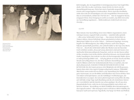 A black-and-white photograph in a book shows three men, Heimrad Prem, Helmut Sturm, and Dieter Kunzelmann, distributing the SPUR Manifeste on a street in Munich in 1961. The photo is on the left page, next to a column of German text.