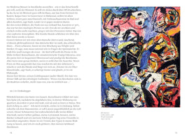 A two-page spread from a book. The left page contains a block of German text. The right page features a full-color reproduction of the 1960 painting Gelbe Gefahr by HP Zimmer. It is a chaotic, abstract expressionist work with thick, impasto brushstrokes depicting intertwined figures in vibrant red, blue, yellow, black, and white.