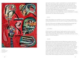 A page from a book showing the 1962 oil painting Selbstportrait by HP Zimmer. The energetic, abstract artwork features several distorted, mask-like figures in green, blue, and white against a bright red background. The figures are rendered with thick, gestural brushstrokes. The facing page contains a long passage of text in German.