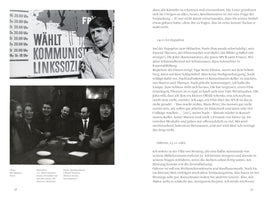 A black-and-white image of a two-page spread from a German book. The left page, number 58, features two photographs. The top photo shows a young man standing in front of a political poster that reads WÄHLT KOMMUNISTEN LINKSSOZIALISTEN. The bottom photo shows a group of people sitting and talking around a table. The right page, 59, is a full page of German text.