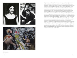 A page from a book with German text on the right and three images on the left. The top images are black and white photos from 1962: a portrait of Vera Buttkus, and Vera with HP Zimmer. Below is a colorful, expressionist postcard painting by HP Zimmer with stylized figures and the German words DANKE FÜR GELD.