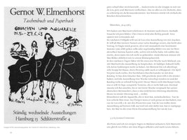 A black and white page from a book, featuring a 1963 exhibition poster on the left and a column of German text on the right. The poster is an expressive, sketch-like drawing of figures holding a dark banner with the word SPUR written on it. The text advertises an exhibition of gouaches and watercolors by the SPUR group at the Gernot W. Elmenhorst gallery in Hamburg.