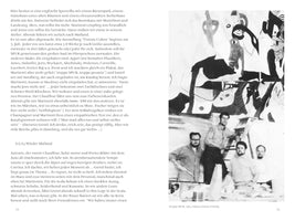 A black and white photograph from a book, dated 1963, showing the four men of the artist group SPUR. They are posing in front of a large, bold abstract painting that fills the background. One of the men stands on a stepladder.