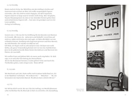 A black-and-white photograph from a book showing an art exhibition. On the right, a gallery wall displays a sign for GRUPPO SPUR with the names STURM ZIMMER FISCHER PREM below. Under the sign hangs a dark, abstract painting. An empty, ornate wooden chair is in the right foreground. The left page of the book features German text.