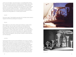 A two-page spread from a book, pages 78 and 79. The left page contains several paragraphs of German text with dates as headings. The right page features two photographs of abstract architectural sculptures. The top photo is in color, showing a whimsical model with a mushroom-like top and colorful rings. The bottom photo is in black and white, showing a sculpture made of tall, organic forms with striped patterns, captioned Spurbau, 1963.