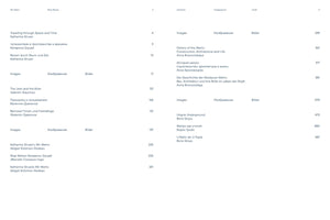 A two-page spread of a book's table of contents on a white background. The content is presented in three languages: English, Russian, and German. Each entry, including chapter titles and authors, is listed in all three languages, with corresponding page numbers aligned to the outer edges of the pages. The book appears to be titled Mir Metro.
