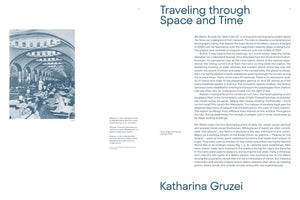 A page from a publication titled Traveling through Space and Time by Katharina Gruzei. On the left, a historical blue-tinted photograph shows people taking shelter on cots inside the long, arched hall of the Mayakovskaya metro station in Moscow during an air raid. On the right, an essay discusses the Moscow underground train network.