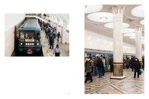 A two-panel photograph of a busy, ornate subway station. On the left, a blue train arrives at the platform from a high-angle view. On the right, a side view shows passengers boarding the train next to grand white columns with decorative capitals, under an elaborate ceiling with recessed lighting.
