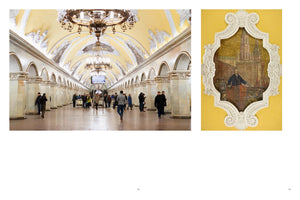 A composite image of an ornate subway station. On the left, a wide view of the station's hall with a yellow vaulted ceiling, grand chandeliers, and marble-like pillars where people walk. On the right, a close-up of a mosaic in a decorative white frame, depicting Vladimir Lenin giving a speech.