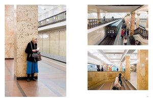 A three-photo collage of life in an ornate, marble subway station. The large photo on the left shows an elderly woman in a headscarf reading a book while waiting on the platform. The two smaller photos on the right show wider views of the station, with a train pulling in and commuters walking on stairs and balconies.