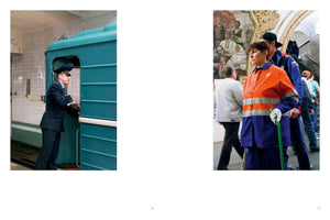 A diptych of two photographs from a subway. On the left, a male train operator in a dark blue uniform stands in the doorway of a teal train car. On the right, a female maintenance worker in a blue and orange uniform stands among commuters in an ornate station with a large mural on the wall.