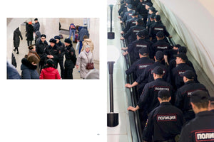 A diptych showing Russian police officers in a subway station. On the left, a few officers in winter hats stand on a platform among civilians. On the right, a long column of many officers in uniform rides up an escalator, seen from behind with the word ПОЛИЦИЯ on their backs.