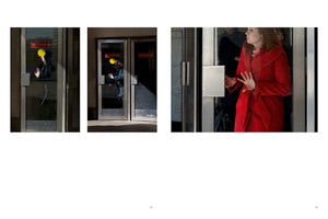 A photographic triptych on a two-page spread. On the left, two vertical panels show a person behind a glass door with a red Russian No Entry sign; their face is obscured by a yellow circle on the glass. On the right, a larger panel shows a woman in a bright red coat pushing through a similar door.