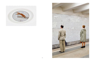 A diptych on a book page. The left image is a close-up of a circular framed artwork showing a mosaic of a ski jumper in an orange suit, soaring through the air. The right image is a photograph from behind of a man and a woman standing still on a subway platform, facing a blank, white-tiled wall.