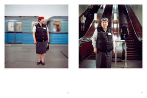 A diptych showing two subway workers in uniform. On the left, a woman in a red beret stands on a platform as a blue train blurs past. On the right, a worker in a gray cap stands at the bottom of a long escalator, looking seriously at the camera.