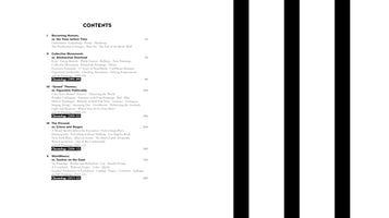 An image divided in two, with a book's table of contents on the left against a white background. The text lists five sections with Roman numerals and titles like Becoming Human and Collective Movement. The right side features a bold graphic of thick, vertical black and white stripes.