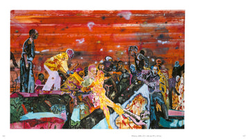 A wide, expressionistic painting depicting a dense, chaotic crowd of stylized figures. The background is a streaky, fiery red and orange, speckled with white. The figures in the foreground are rendered in vibrant, clashing colors like yellow, pink, and blue, creating a tumultuous and energetic scene.