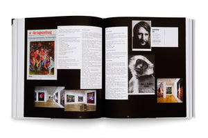 An overhead view of a two-page spread in an art book. The pages have a black background and feature a mix of text in English and German, a newspaper clipping, photos of colorful paintings in a gallery, a black-and-white portrait of a man, and a black-and-white photo of a monkey. The page numbers are 198 and 199.