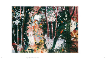 A wide, abstract expressionist painting of a forest scene. Dark, thick tree trunks stand against a chaotic background of splattered paint in white, green, pink, and orange, creating a vibrant and energetic atmosphere.
