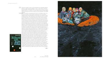 A two-page spread from a book. The left page has a column of text with an inset image of a book cover titled Billard um halb Zehn. The right page features a large, dark painting of several figures in colorful hooded jackets huddled together in an orange raft on a black, turbulent sea.
