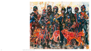 An expressive and colorful abstract painting, Dog Planet from 2002, shows a group of figures in dark, futuristic uniforms and helmets. They stand together in a line, holding poles or weapons. At their feet are several dogs, painted in vibrant, fiery shades of red and orange, contrasting with the darker figures. One dog is on a leash. The style is raw and energetic, with a chaotic, mottled background of yellows and whites.