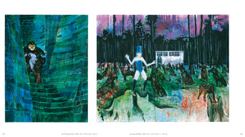 An art book spread showing two paintings. On the left, a gorilla-like figure holds a white bird on a winding staircase of blue-green stones. On the right, a person in a blue leotard and top hat stands in a forest clearing, surrounded by a large pack of dark dogs, with a white building in the background.