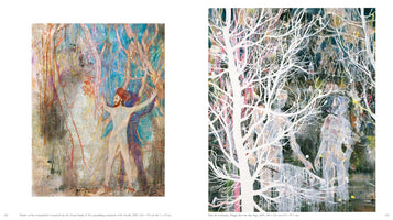 An open art book displays two expressive paintings on adjacent pages. The left painting shows a nude, bearded figure with raised arms against a background of blues and browns with tree-like red lines. The right painting features two translucent, ghostly figures standing in a dark, abstract forest behind stark, white, leafless trees.